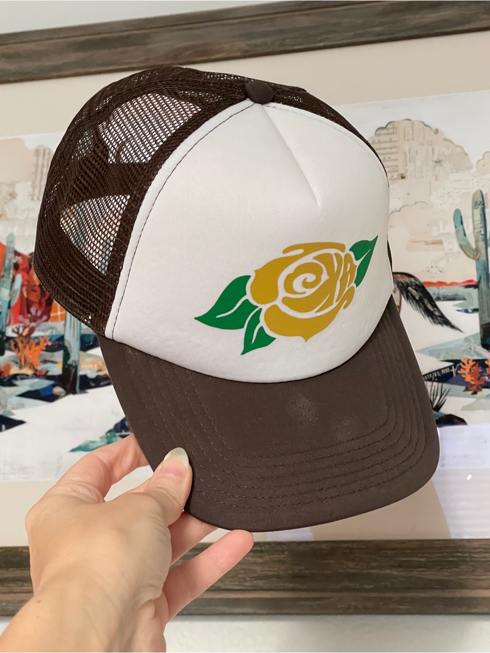 Brown & White Foam Trucker Hat with Texas Yellow Rose Graphic